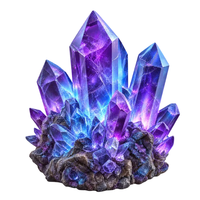 Tall pointed blue and purple crystals rising from a dark rocky base