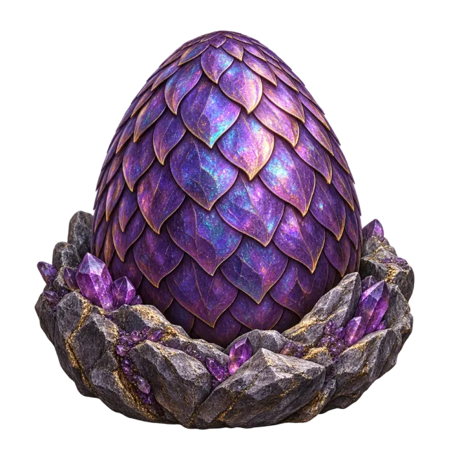 A purple egg covered in overlapping scales resting in a nest of dark stones