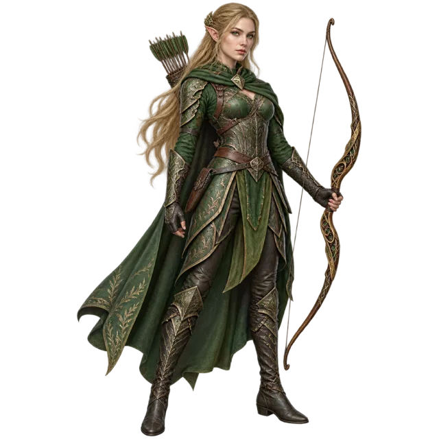 A pointed-eared archer in green layered clothing holding a wooden bow with a quiver on her back