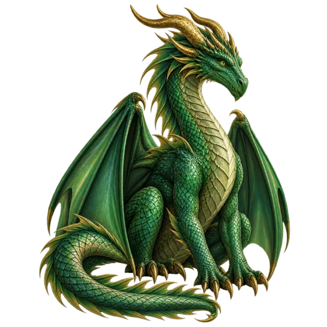 A seated green dragon with gold horns, spread wings and a curled scaled tail