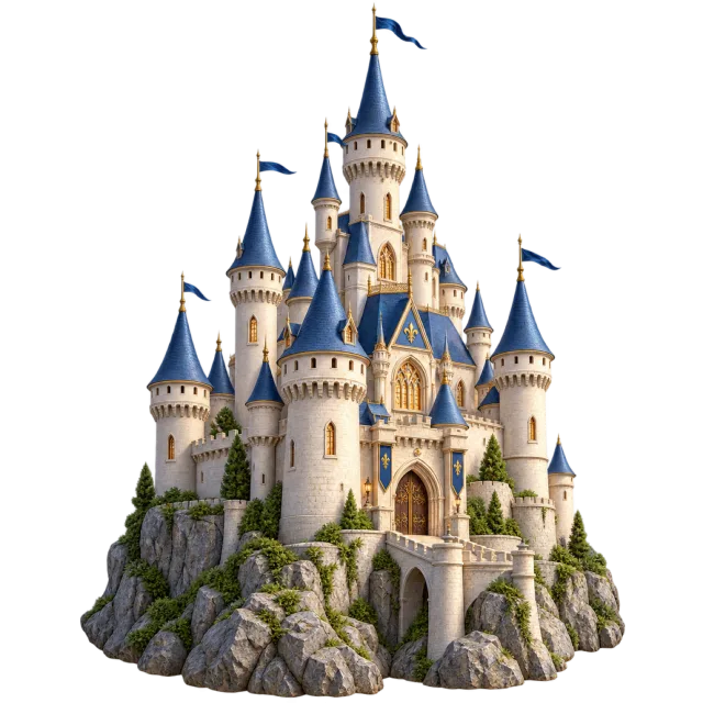 A pale stone castle with blue conical towers standing on a rocky base