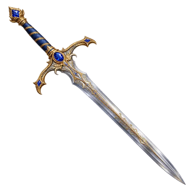 A long silver sword with a decorative gold guard and blue jeweled hilt