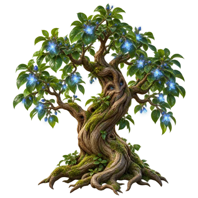 A gnarled tree with a carved-looking face, exposed roots and glowing blue lights among its leaves