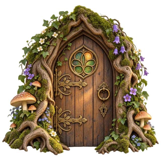 An arched wooden door framed by twisting roots, flowers and small mushrooms