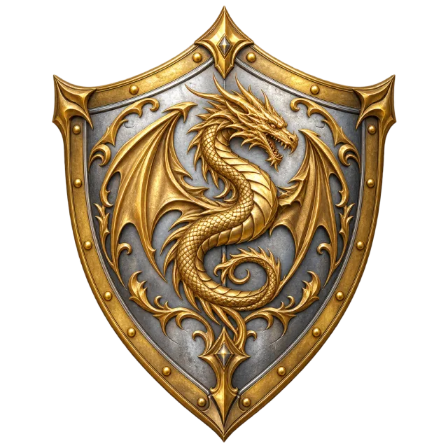 A silver and gold shield decorated with a raised golden dragon emblem