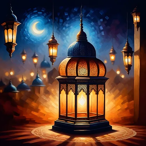 Warm glowing lantern in front of blue mosque domes and a crescent moon