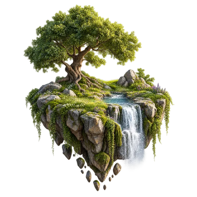 A small floating rocky island with a leafy tree, green grass and a cascading waterfall