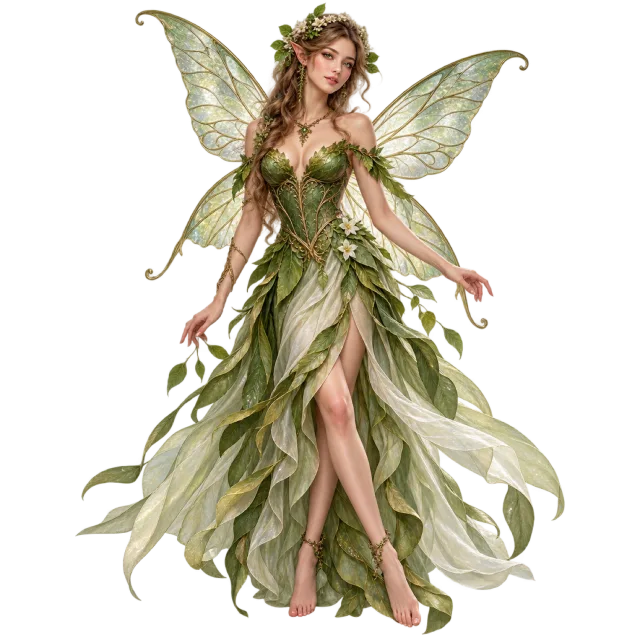 A winged fairy with long brown hair wearing a flowing green leaf-like dress