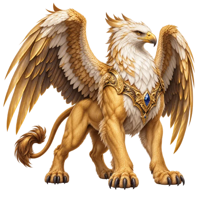 A gold and cream griffin with an eagle head, raised feathered wings and a lion-like body