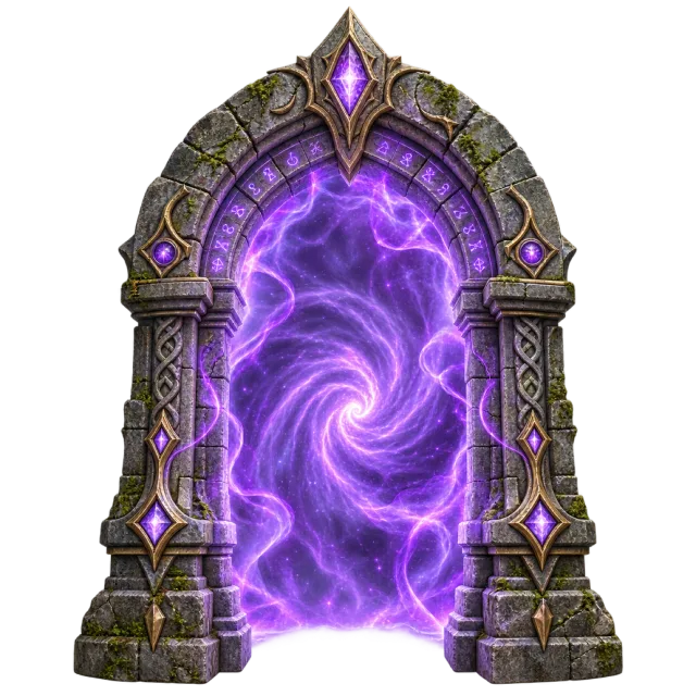 A swirling purple portal inside a carved stone arch decorated with violet gems