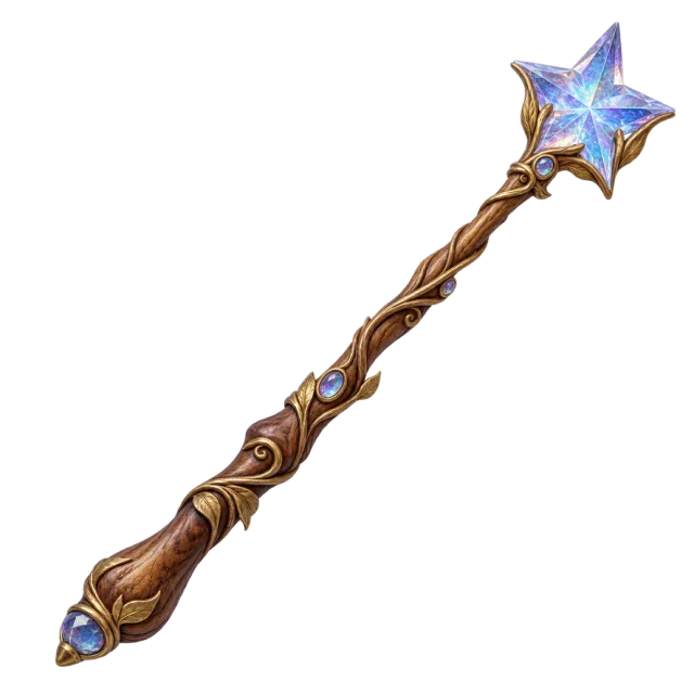 A twisted wooden wand with gold accents and a blue crystal star at its tip
