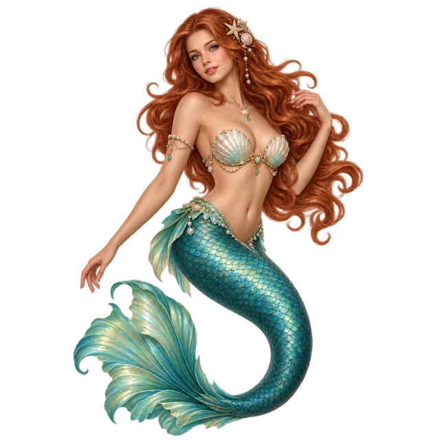 A red-haired mermaid wearing a shell top with a curved shimmering teal tail