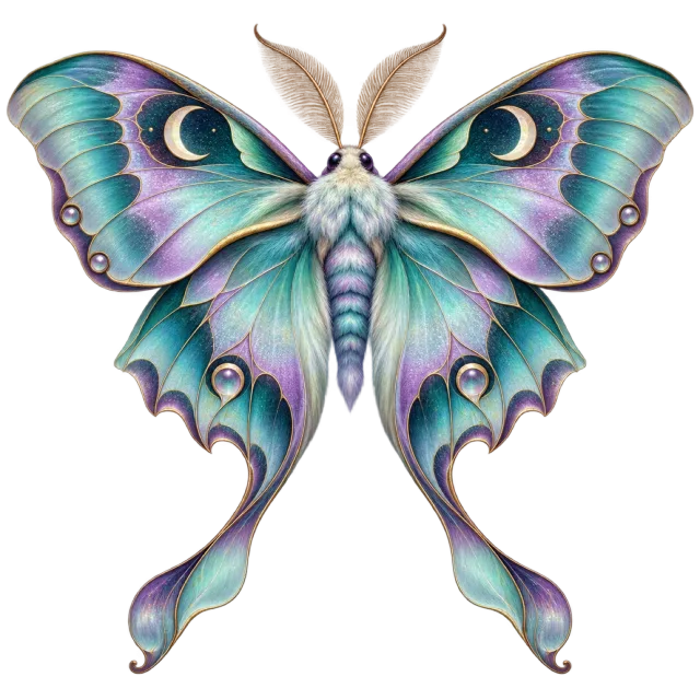 A teal and purple moth with broad wings marked by crescent moons and long trailing tips