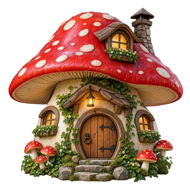 A small cottage beneath a red spotted mushroom roof with windows, a chimney and a wooden door