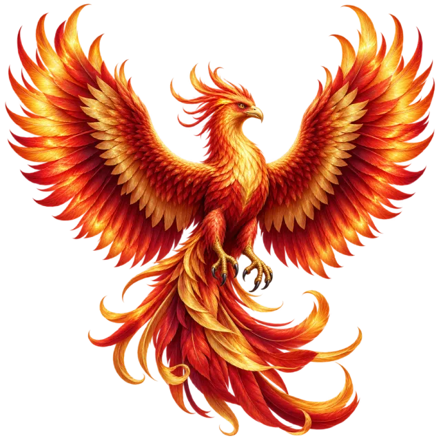A red, orange and gold phoenix with raised feathered wings and a flowing flame-like tail