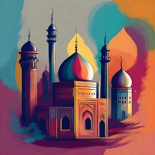 Stylized mosque with purple, orange and blue geometric shapes