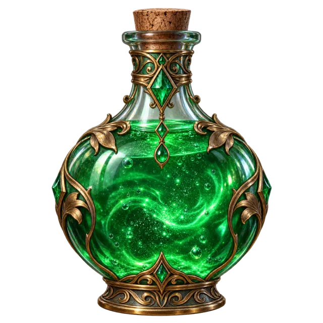 A round green glass potion bottle with a cork stopper, glowing swirls and ornate gold trim