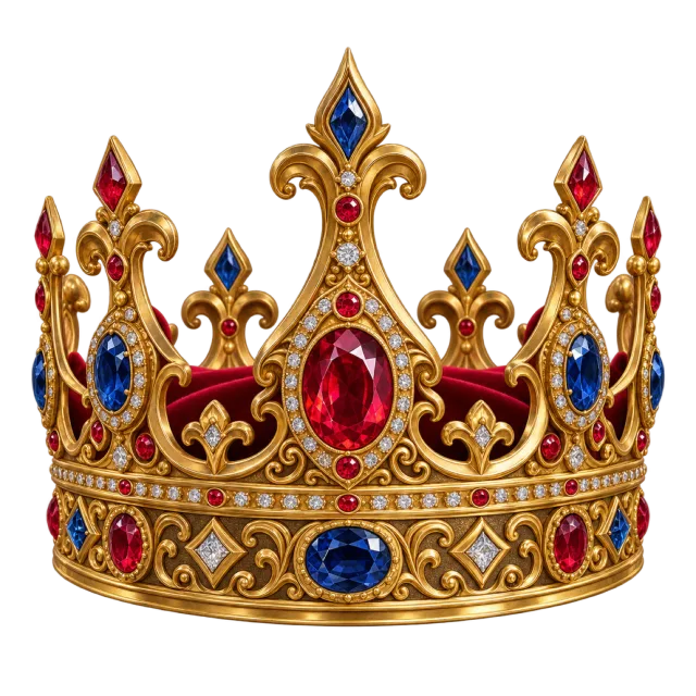 A golden royal crown decorated with large red and blue gemstones