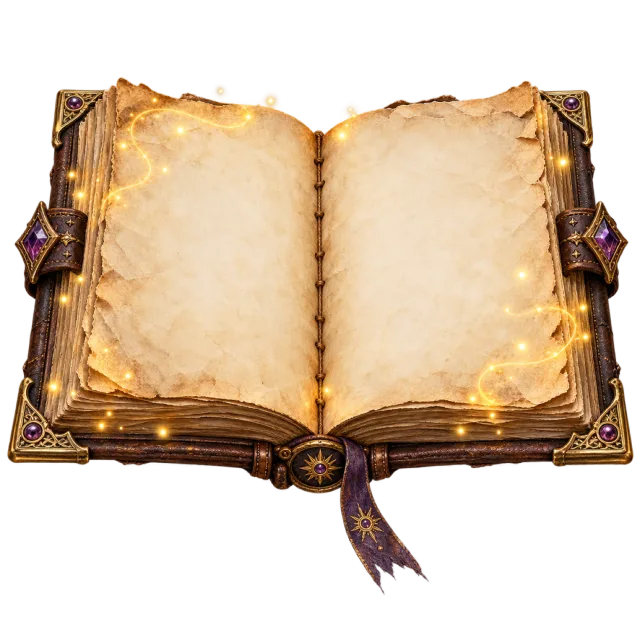 An ornate open book with blank parchment pages surrounded by a golden magical glow