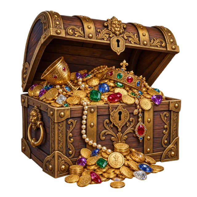 An open wooden chest with ornate metal trim overflowing with gold coins and colorful jewels