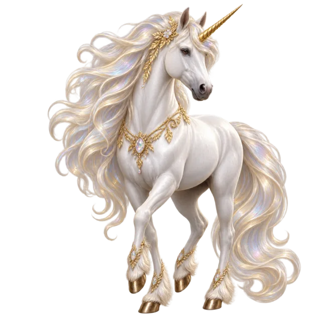 A white unicorn with a long flowing mane, golden horn and decorative gold details