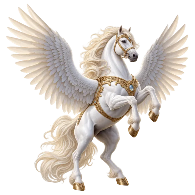 A rearing white winged horse with a flowing mane and large spread feathered wings