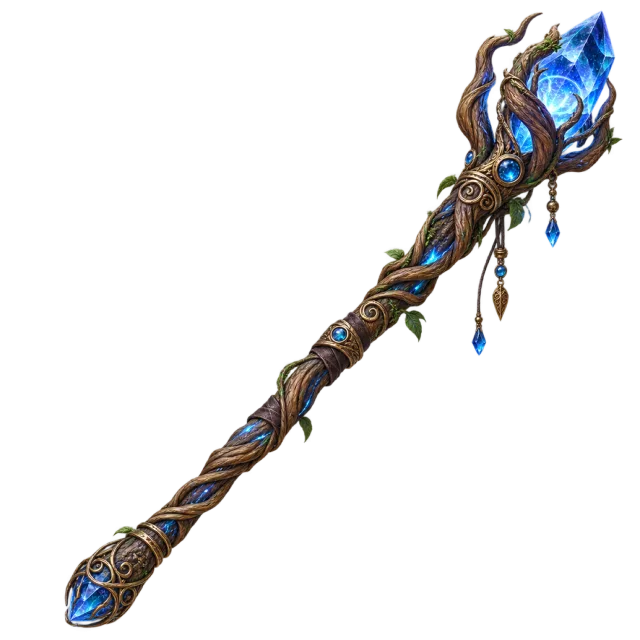 A carved twisting staff decorated with gold details and a large pointed blue crystal