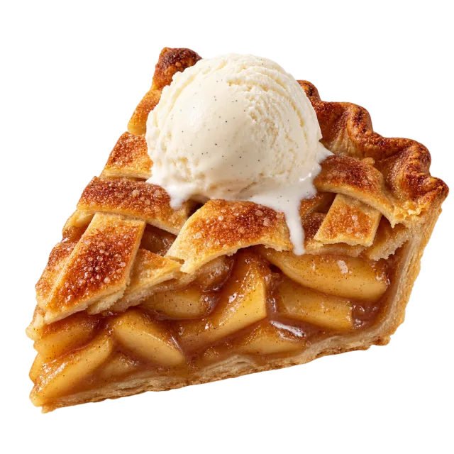 A lattice-topped apple pie slice with visible fruit filling and a scoop of vanilla ice cream