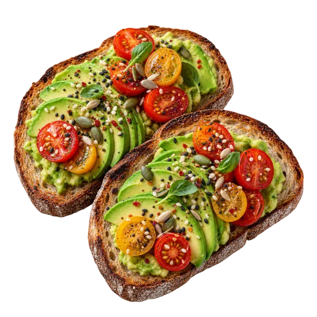Two toast slices topped with avocado, halved cherry tomatoes, greens and seasoning