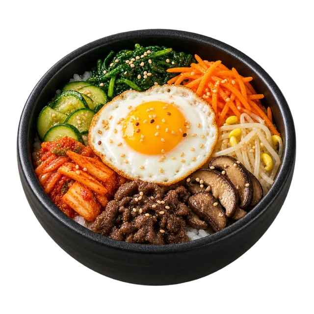 A black bowl of rice with arranged vegetables, sliced meat and a sunny-side-up egg