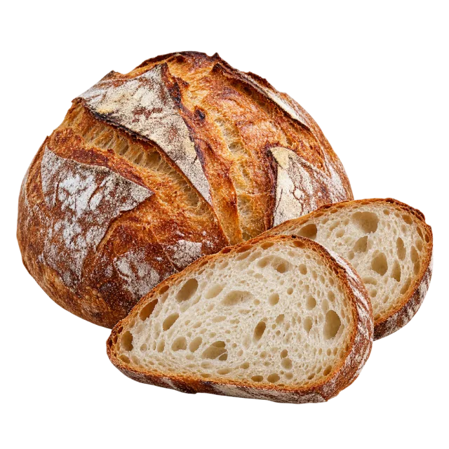 A flour-dusted round bread loaf with a scored crust and two cut slices