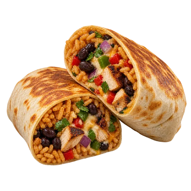 Two toasted burrito halves showing rice, beans, corn and colorful vegetables