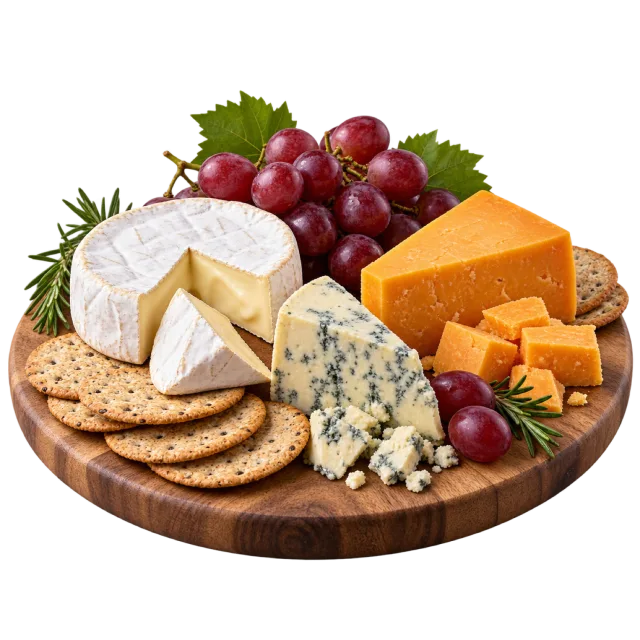Assorted cheese wedges, crackers and red grapes on a round wooden board