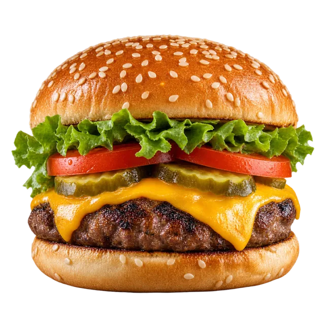 A sesame bun burger layered with a patty, melted cheese, pickles, tomato and lettuce