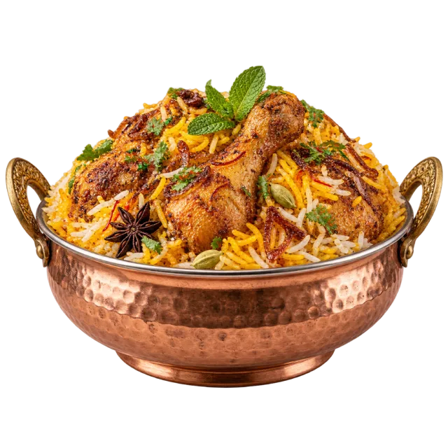 Spiced rice with chicken pieces, fried onions and herbs in a copper serving bowl