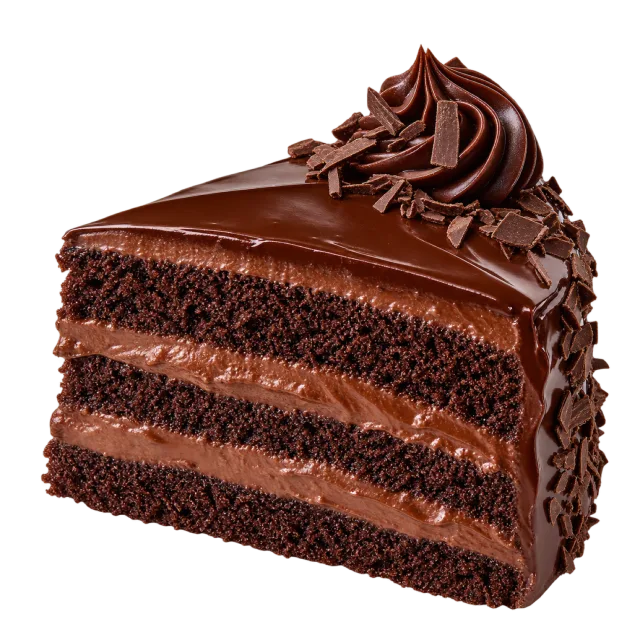 A chocolate sponge cake slice with layered frosting and a chocolate cream swirl