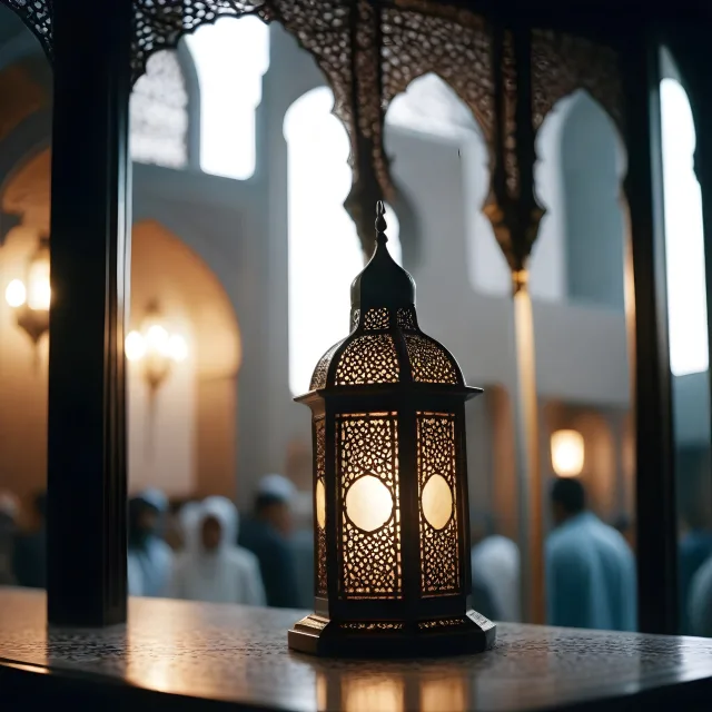 Large black lantern glowing inside a room with tall patterned archways
