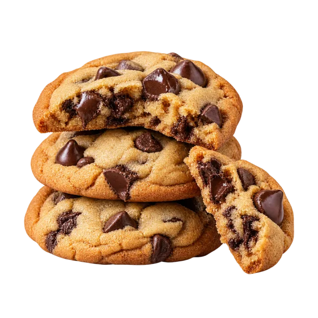 A stack of golden cookies with large chocolate chunks and a broken cookie piece