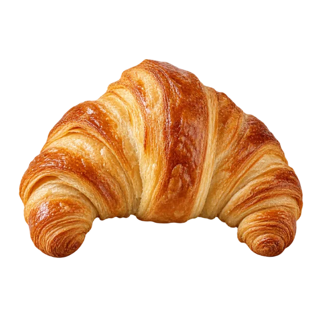 A curved golden croissant with visible crisp pastry layers