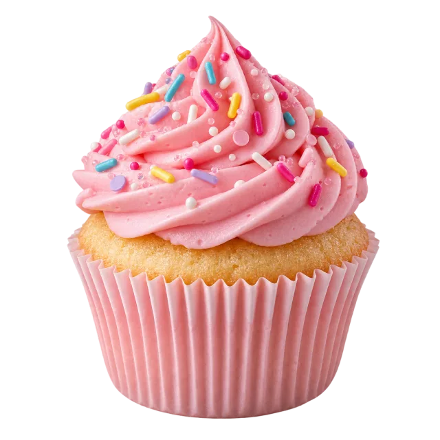 A cupcake in a pink wrapper topped with swirled pink frosting and colorful sprinkles