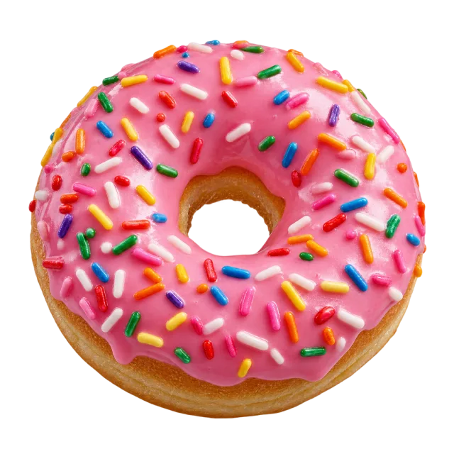 A ring doughnut coated with glossy pink icing and rainbow sprinkles