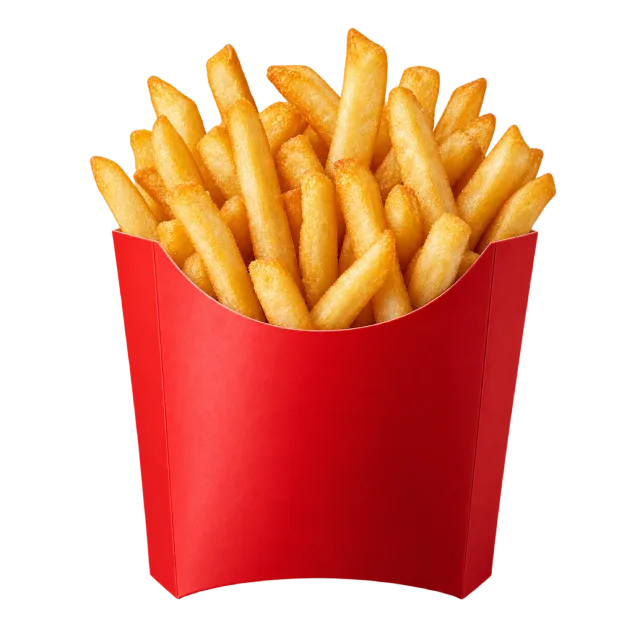 A red takeaway carton filled with golden straight-cut fries