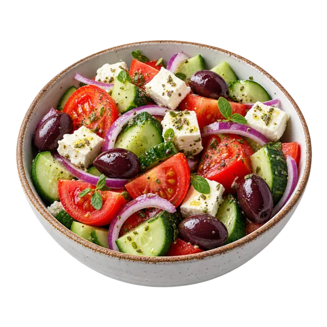 A bowl of cucumber, tomato, red onion, olives and white cheese cubes