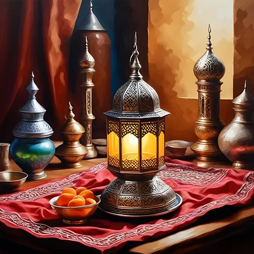 Glowing metal lantern surrounded by decorative vessels on rich red fabric