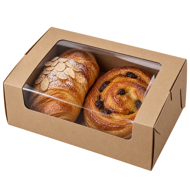 A rectangular kraft box with a clear lid window showing two pastries
