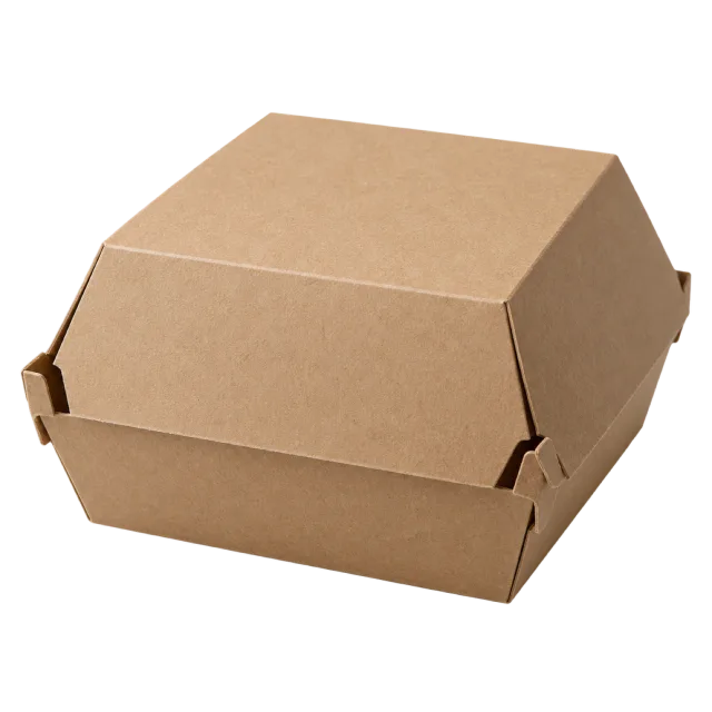 A plain brown cardboard burger box with a folded clamshell lid