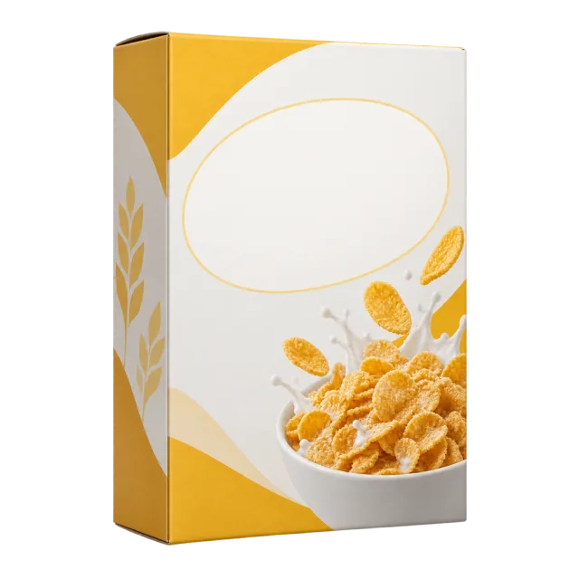 An upright yellow and white carton with a cereal illustration and blank oval label area