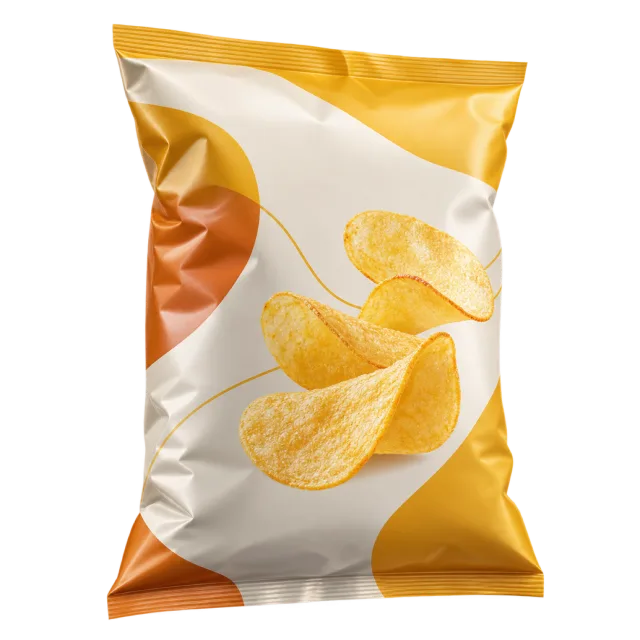 A sealed yellow and white snack bag decorated with potato chip illustrations