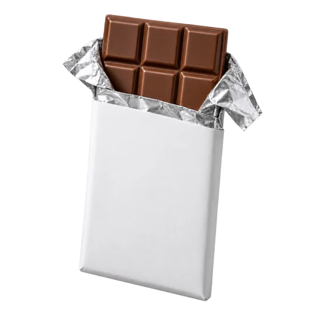 A chocolate bar partly exposed above silver foil and a plain white paper wrapper