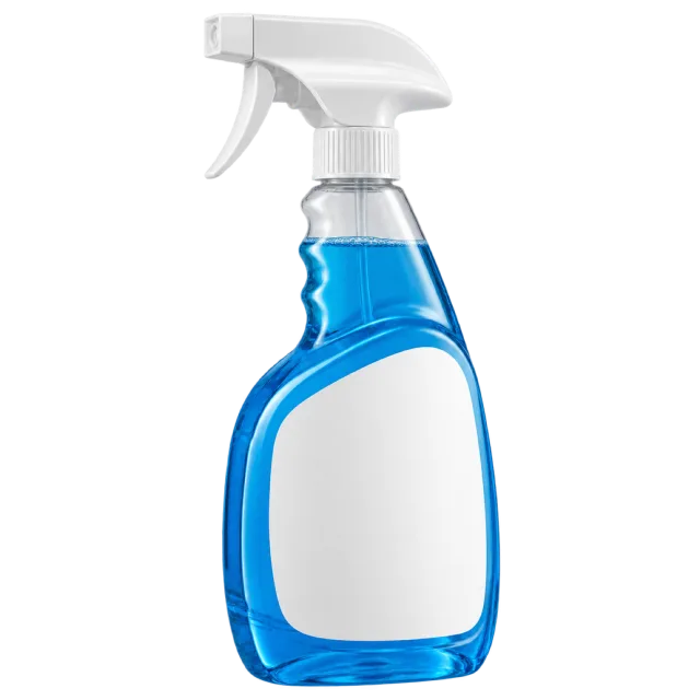 A clear bottle of blue liquid with a white trigger sprayer and blank label